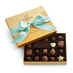 Assorted Chocolate Gold Gift Box, Aqua Ribbon, 18 pc.